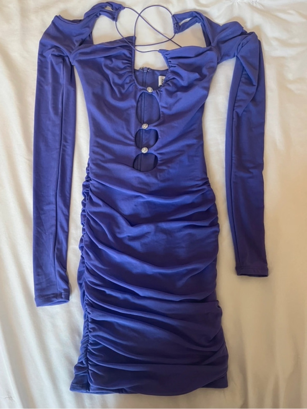 Oh Polly Royal Purple Long-Sleeve Ruched Bodycon Dress with Keyhole Detail